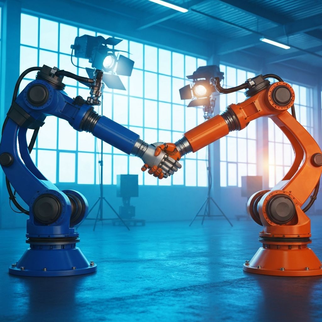 Futuristic robotic handshake representing partnership and connection
